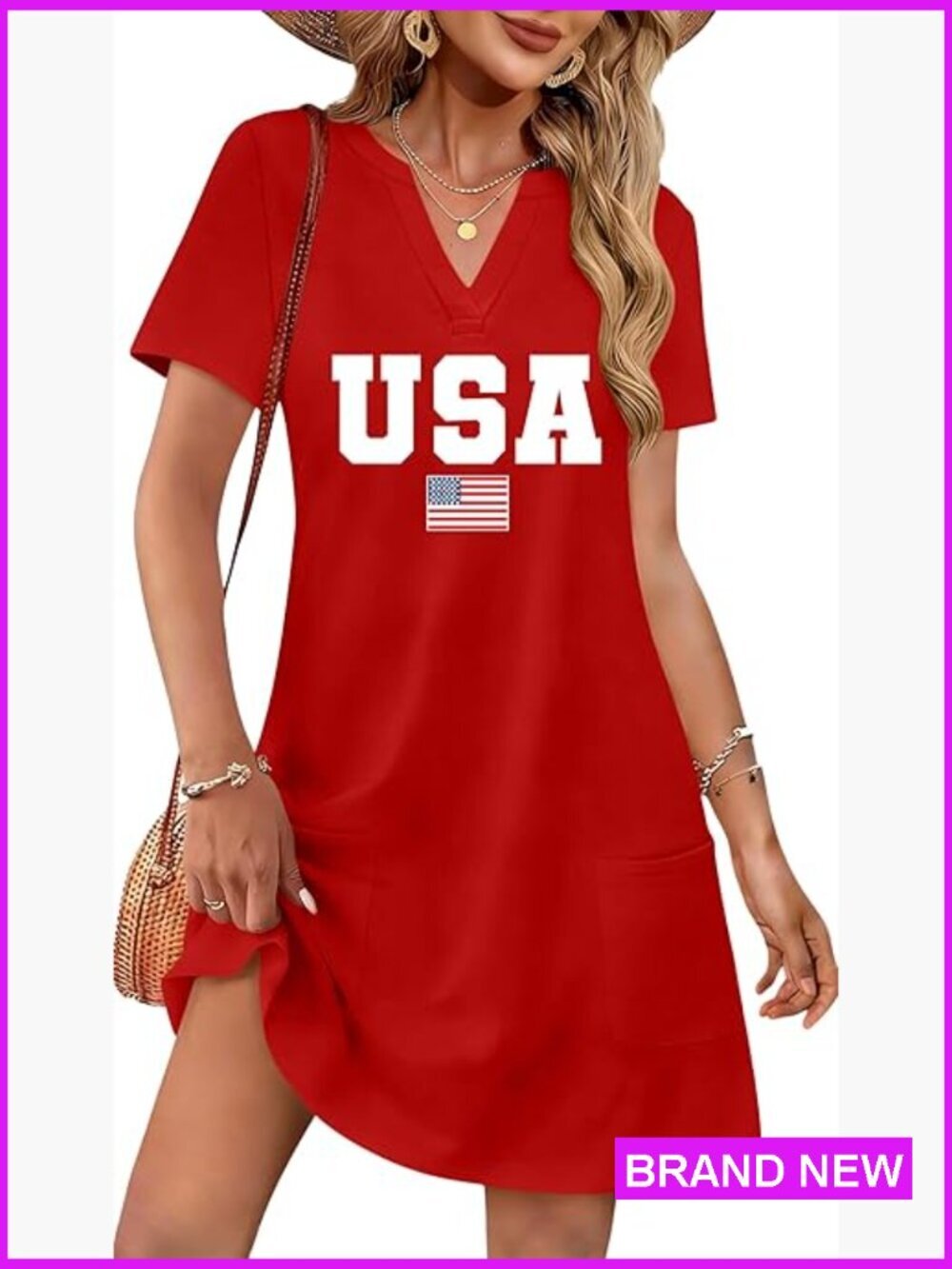 Patriotic V-Neck Sundress with Pockets A-Line Midi Casual Summer Dress